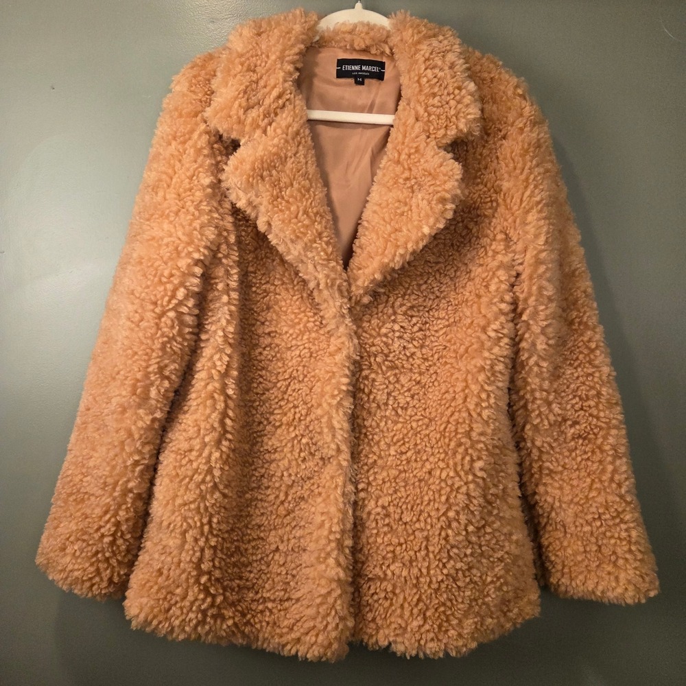 Etienne Marcel Women's Faux Fur Teddy Jacket Fuzzy Coat Tan Size M